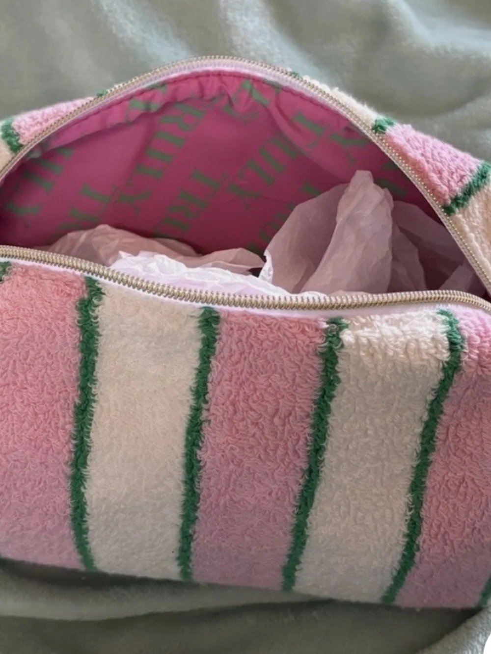 TRULY Pink, White & Green Striped Terry Cosmetic Pouch NWOT